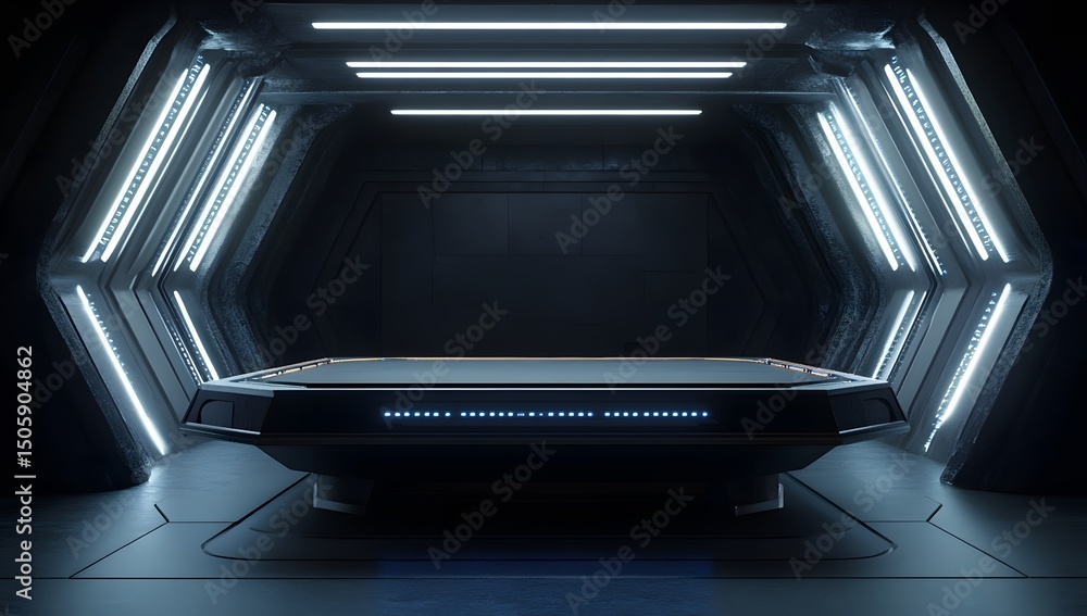 Poster 3d rendering of a futuristic, empty podium with led lighting in a dark room. the scene is set for a 