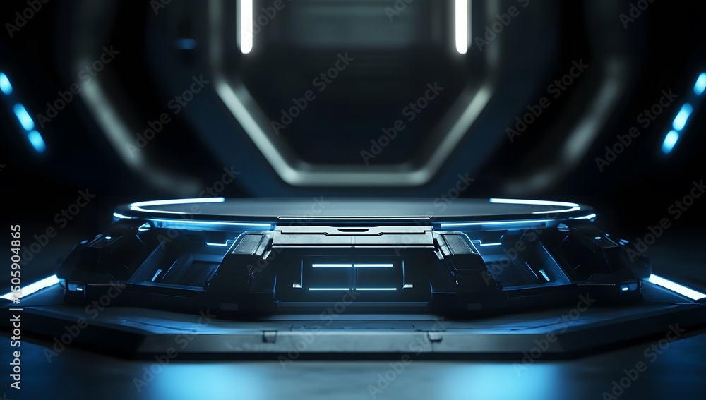Poster 3d rendering of a futuristic, empty podium with led lighting in a dark room. the scene is set for a 