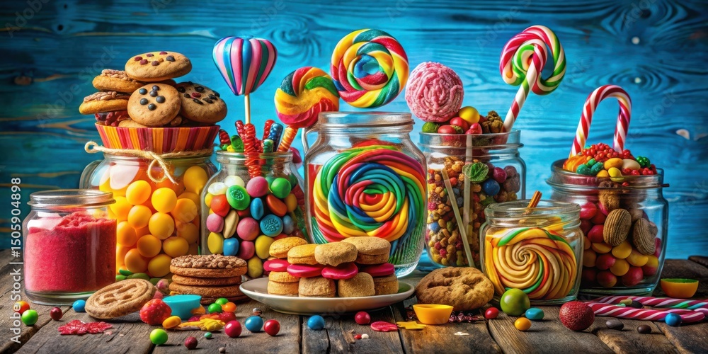 Poster a colorful assortment of candies and sweets displayed in jars and on a wooden table