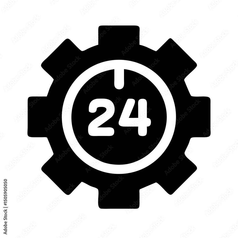 Poster silhouette gear with 24 hour clock icon on transparent background for web and graphic design
