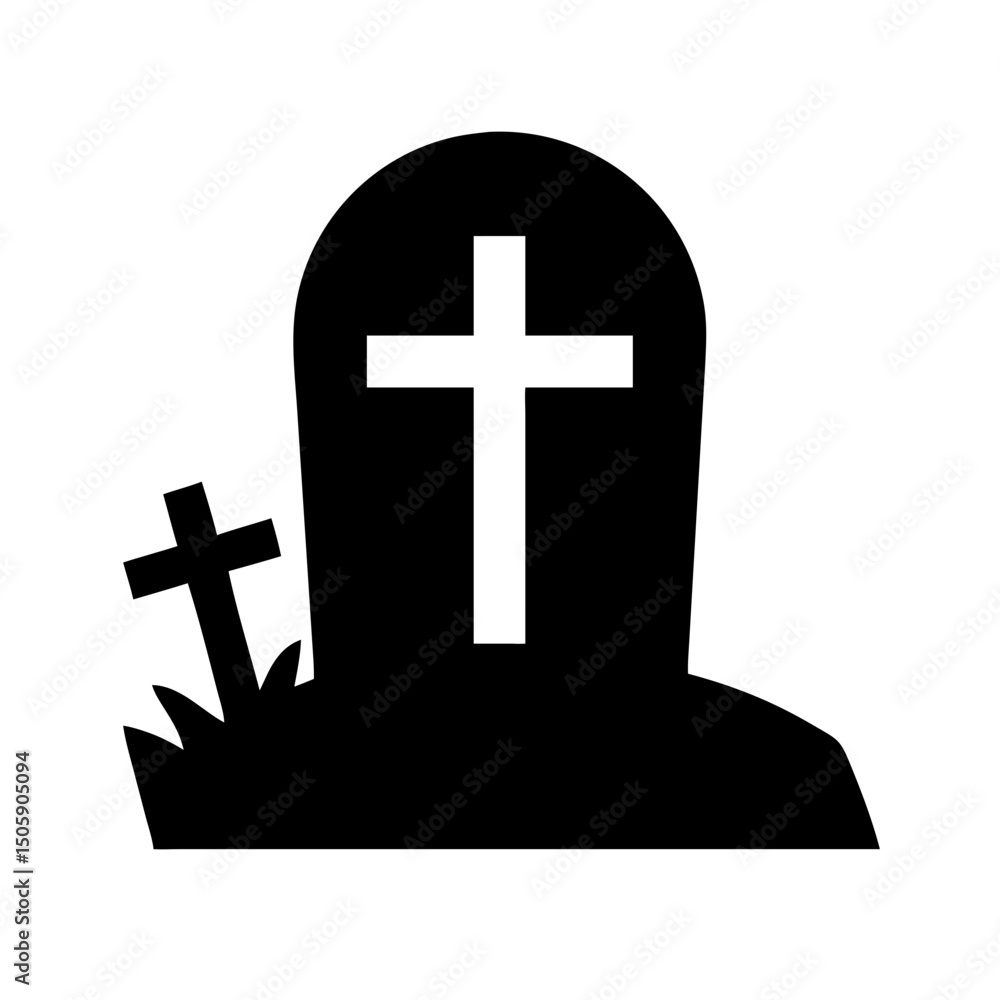 Poster silhouette gravestone with cross icon on transparent background for web and graphic design