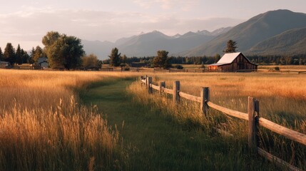 Sunset Light Casting Warm Tones Over a Rustic Barn in a Serene Mountain Valley