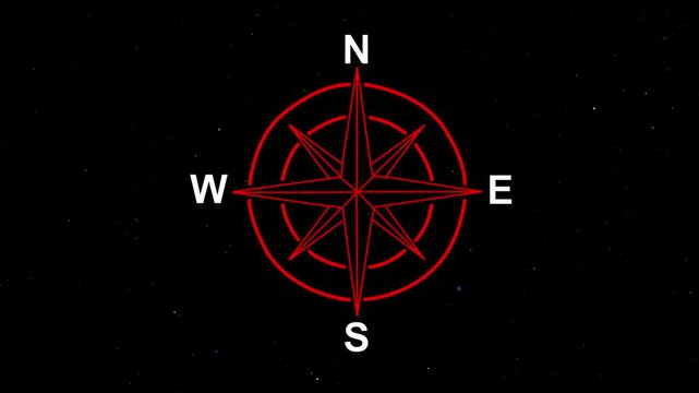 Animated red compass rose indicating north south east and west on a starry black background