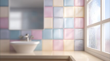 Fototapeta premium Blurred background of a bathroom with soft ceramic tiles