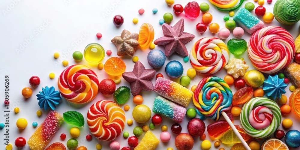 Poster a whimsical display of colorful candies, lollipops, and gummies arranged on a white background, crea
