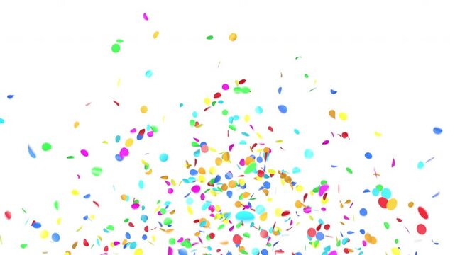 Bright Colors Confetti Explosion on White Background, Alpha Channel 3d Animation. Multicolored Confetti Particles Falling Isolated Illustration. Rainbow Circles Flowing Celebration Design Element 4k.