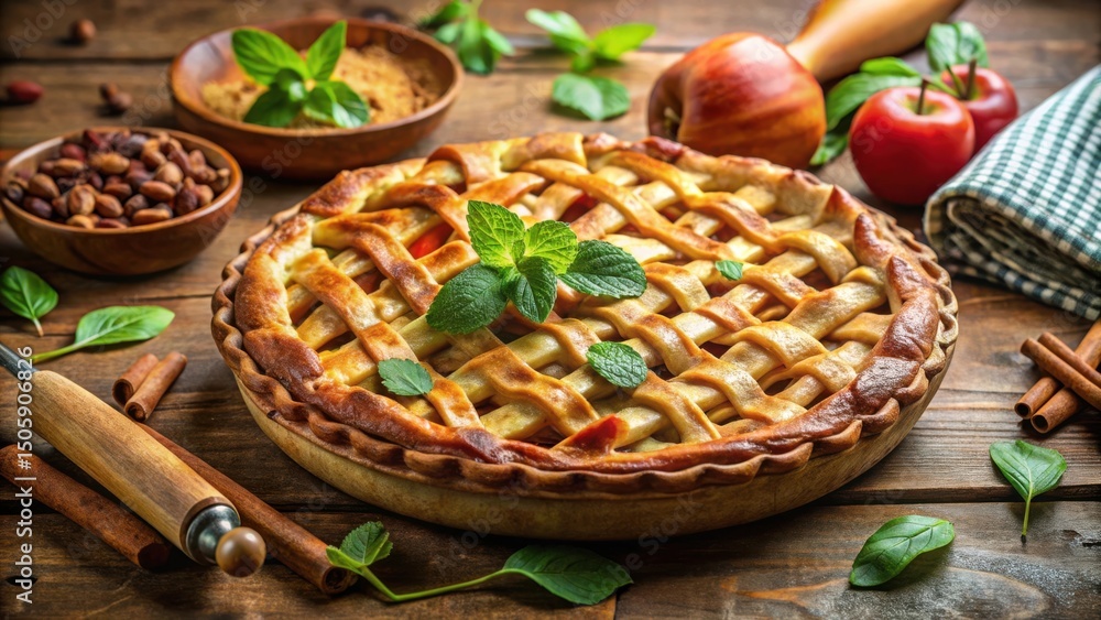 Poster a golden brown apple pie with a lattice crust and fresh mint leaves on a rustic wooden table