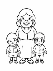 Grandma standing with her two grandchildren in cheerful illustration