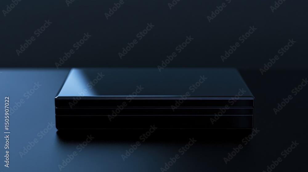 Poster close-up view of a sleek, dark object on a dark surface.