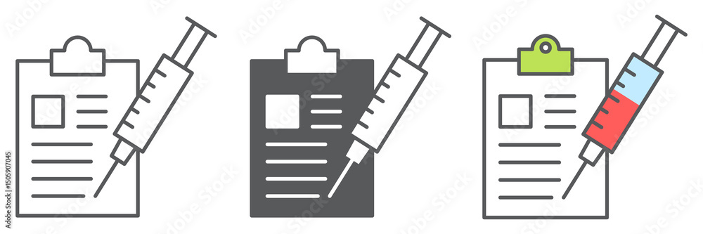 Poster immunization program icon collection, vaccine and injection, clipboard with syringe vector icon set,