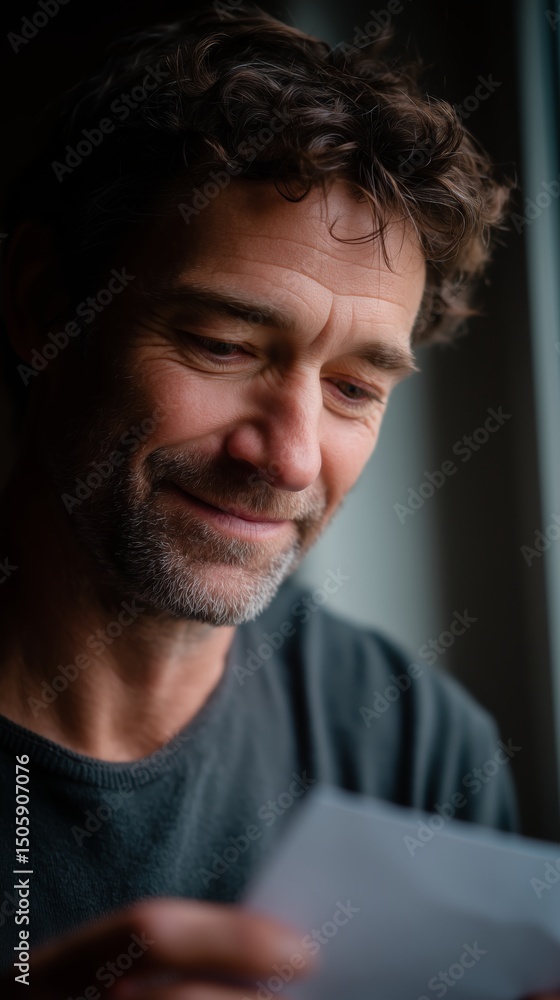 Poster man reading a letter by the window with a smile in a cozy indoor setting during daylight hours