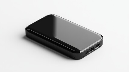 Flatlay of a modern black portable power bank.
