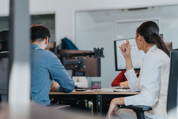 A diverse group of business employees engaged in discussion at a contemporary office. The team...