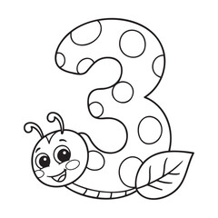 Obraz premium Children's coloring page number three with a cute caterpillar and polka dots for creative fun