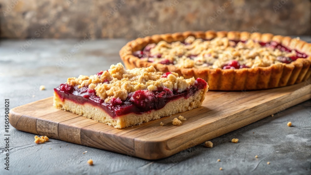Poster a slice of homemade cherry pie with a crumb topping, resting on a wooden cutting board, accompanied 
