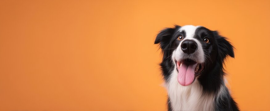 The happy border collie with a vibrant orange background