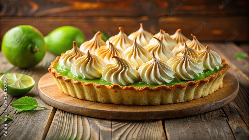 Poster a close-up shot of a delicious tart with creamy meringue topping and a green citrus filling on a rus