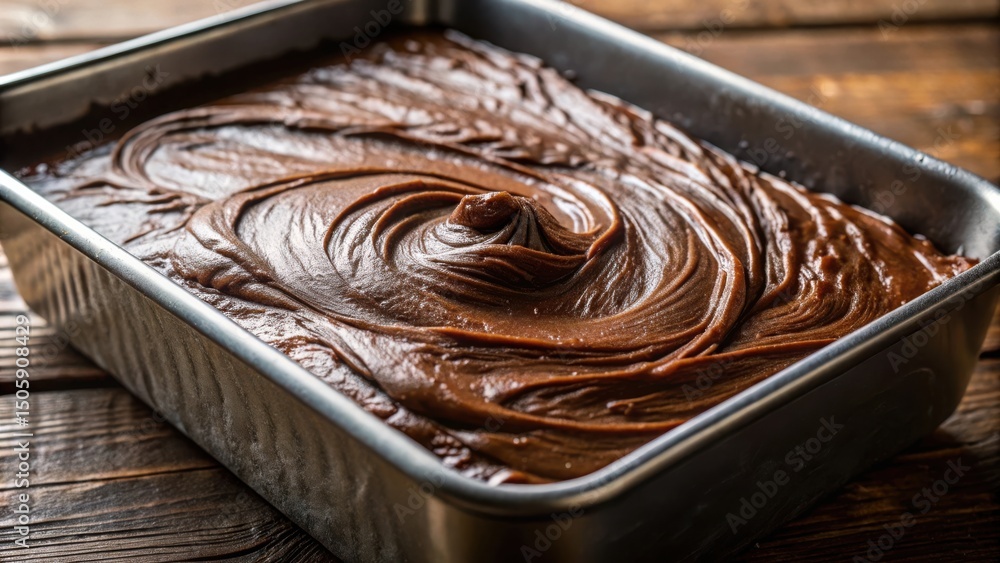 Poster close-up of a smooth chocolate frosting spread in a baking pan, ready for a decadent dessert