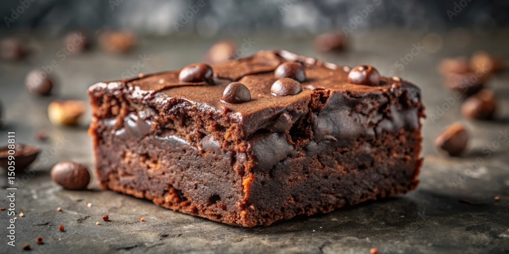 Poster a decadent chocolate brownie with a rich, fudgy texture, topped with chocolate chips and a glossy gl
