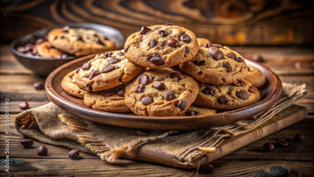 Poster a close-up view of golden-brown chocolate chip cookies stacked on a wooden plate, resting on a burla