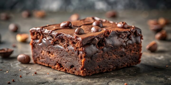 A decadent chocolate brownie with a rich, fudgy texture, topped with chocolate chips and a glossy glaze, resting on a rustic dark surface.