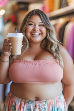 Smiling Curvy Latina Woman Holding Coffee Cup in Stylish Outfit