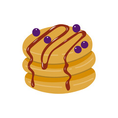 Flat vector illustration of rolled pancakes with red jam and fresh blueberries, served as a sweet dessert or breakfast. Isolated on a white background.
