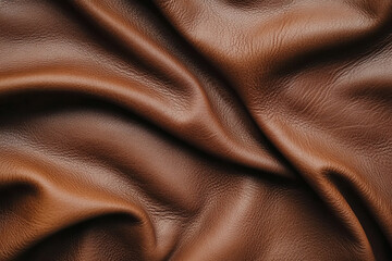 Close-up of brown leather texture with wrinkles and folds.