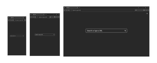 Website mockup template. Browser window with search bar and frames for PC, laptop, tablet, and mobile. Includes light, dark, and night modes. Vector illustration for UI and web presentations.	