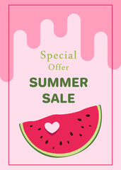 Flyer with a juicy slice of watermelon. Sales Concept. Template design for flyer, banner, poster, poster, advertisement for grocery store, marketplace, online store, website.