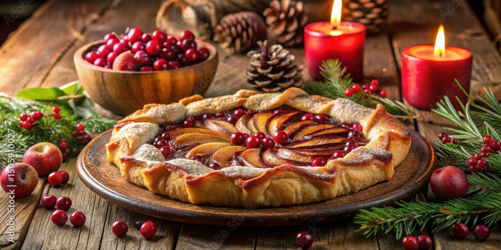 Poster A rustic autumnal pie with a delicate, golden crust, filled with sweet apple and cranberry, surrounded by sprigs of evergreen and flickering candlelight