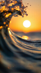 Golden ocean wave, vertical wallpaper for phone: sunset sun through tube, dramatic water light splash. Epic surf aesthetic. 