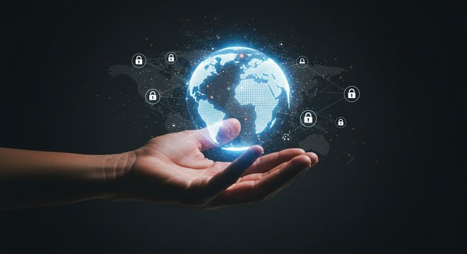 Compliance. Hand holding a globe with a network connecting data. In the context of digital technology, compliance with data regulations is essential for maintaining security and trust in global networ