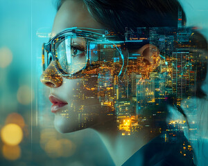 Woman with futuristic glasses, city lights superimposed.