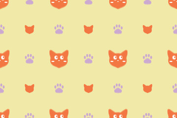 Seamless ikat background with cat faces and paw prints. Perfect for kids’ projects, baby decor, cute packaging, or pet-themed items.
