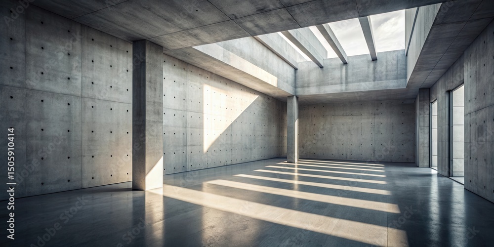 Poster A minimalist concrete room with large windows and sunlight streaming in through a skylight, creating long shadows across the polished floor