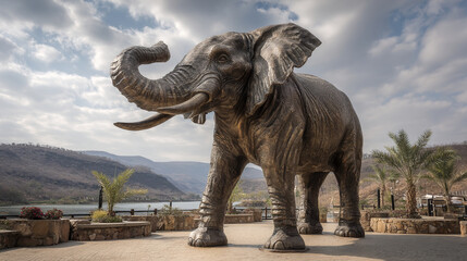 Fototapeta premium A large elephant statue stands proudly against a scenic backdrop of mountains and cloudy skies