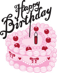 Line art drawing bow ribbons around pink heart shape Happy Birthday cake with cherry toppings, clipart coquette aesthetic for design element . Vector illustration.	