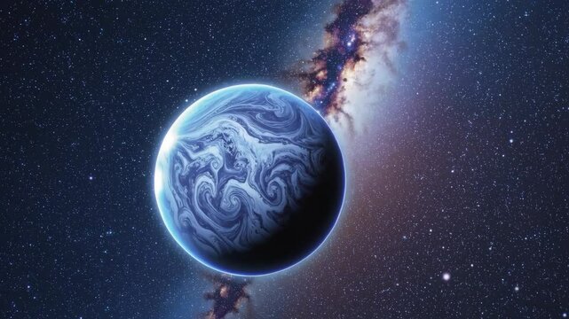 3D animation of a blue gas planet with swirling spiral clouds, rotating in space. The galactic background includes glowing stars and dust lanes, great for astronomy visuals, futuristic designs, or ani