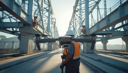 Drone Inspection Over Bridge Construction with Worker