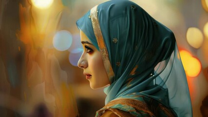 Captivating profile of a woman in a blue hijab at an evening market showcasing traditional attire and vibrant lights - Powered by Adobe