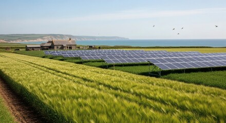 Coastal Farm with Expansive Fields of Barley and Coastal Grasses, Solar Panels on Weather-Resistant Frames, Ocean Cliffs in the Background, Bright Sky, and Seagulls Wheeling Above the Farmhouse