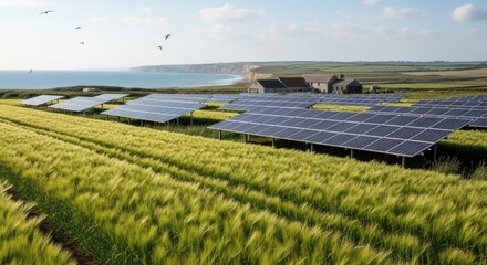 Coastal Farm with Expansive Fields of Barley and Coastal Grasses, Solar Panels on Weather-Resistant Frames, Ocean Cliffs in the Background, Bright Sky, and Seagulls Wheeling Above the Farmhouse