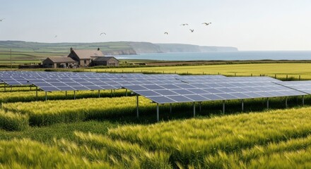 Coastal Farm with Expansive Fields of Barley and Coastal Grasses, Solar Panels on Weather-Resistant Frames, Ocean Cliffs in the Background, Bright Sky, and Seagulls Wheeling Above the Farmhouse