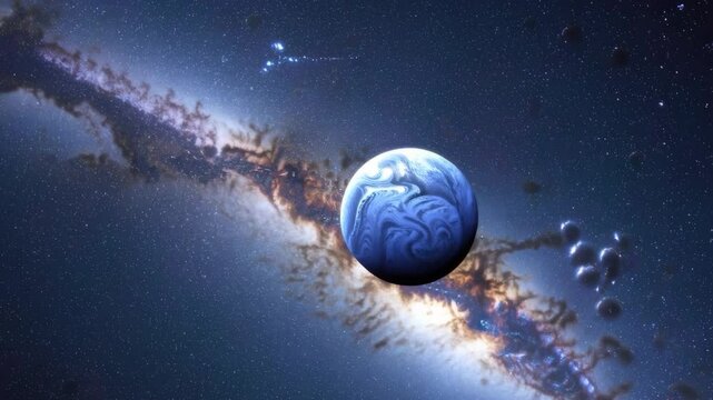 3D animation of a blue gas planet with swirling spiral clouds, rotating in space. The galactic background includes glowing stars and dust lanes, great for astronomy visuals, futuristic designs, or ani