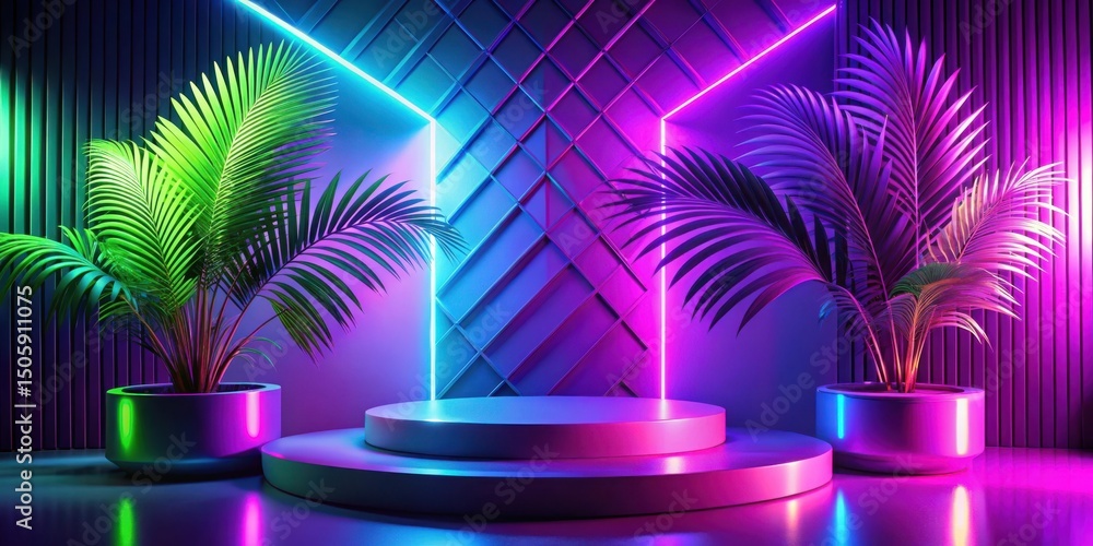 Aufkleber neon glow illuminates two potted palm plants and a circular stage, reflecting on a glossy surface
