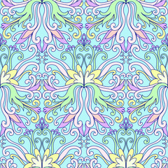 Damask style colorful swirl pattern, pink, yellow, white colors. Seamless floral pattern-729.