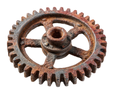 Rusty gear mechanism industrial still life vintage aesthetic view machinery concept isolated on transparent background
