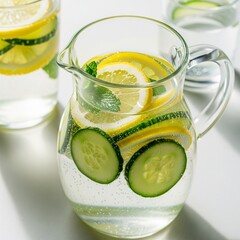 A highly detailed and visually appealing image of Fresh detox water with lemon and cucumber, photorealistic, vibrant colors, cinematic lighting, perfect composition, high resolution suitable for comme