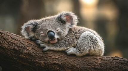 Obraz premium Cute Koala Sleeping Peacefully on a Branch in Natural Habitat